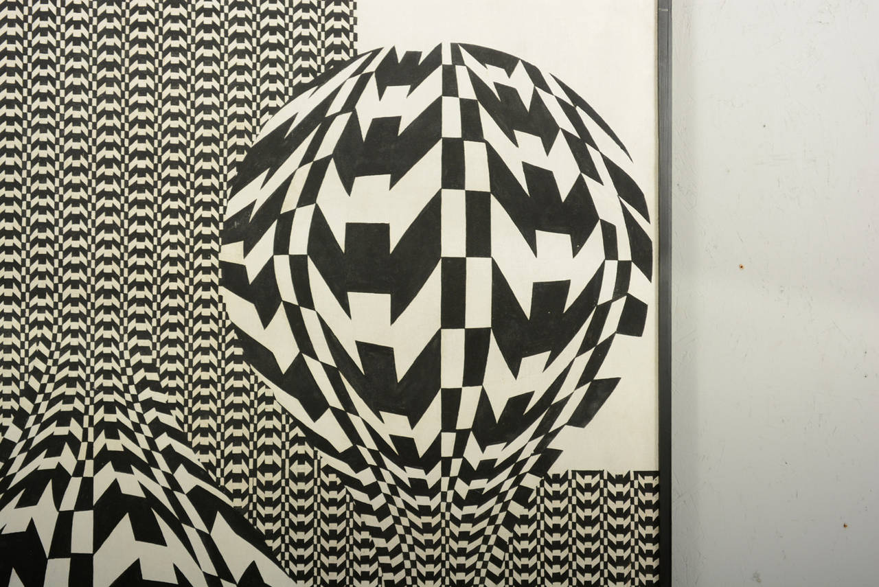 Mid-Century Modern Black and White Op Art Oil on Canvas