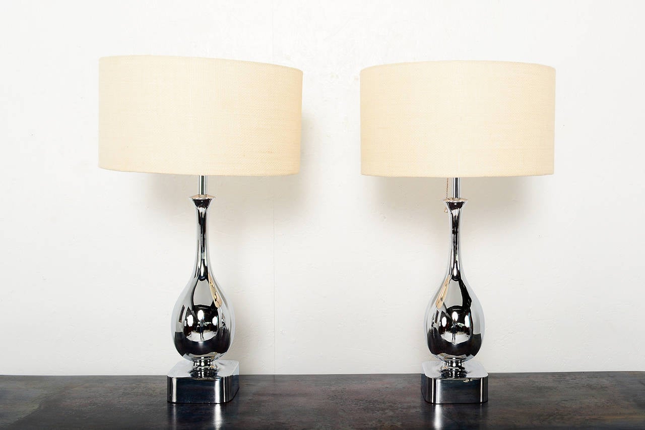 American Pair of Chrome-Plated Tear Drop Table Lamps