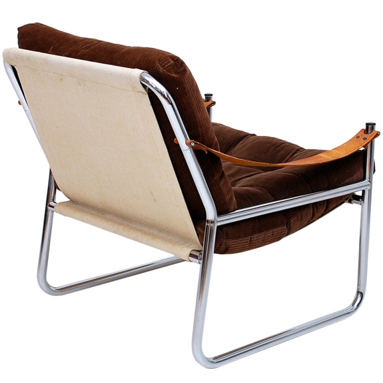 Leather Arm Rest Chrome Safari Lounge Chair at 1stDibs