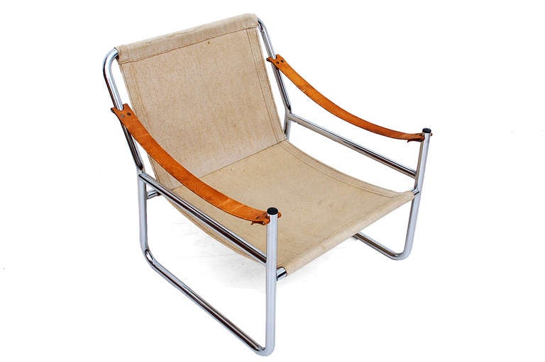 Mid-20th Century Leather Arm Rest Chrome Safari Lounge Chair
