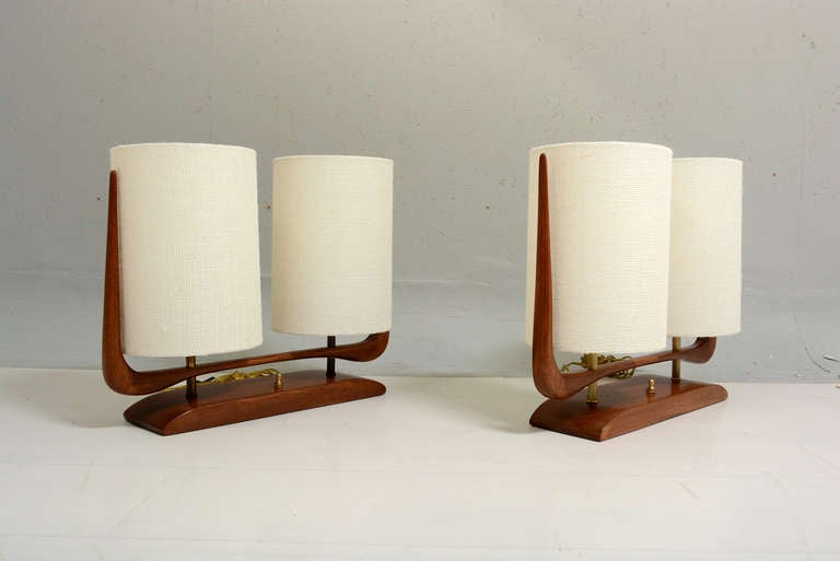 Mid-Century Modern Pair of Sculptural Table Lamps with Double Shade