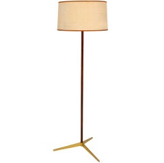 Mid Century Modern Brass Tripod & Rosewood Floor Lamp