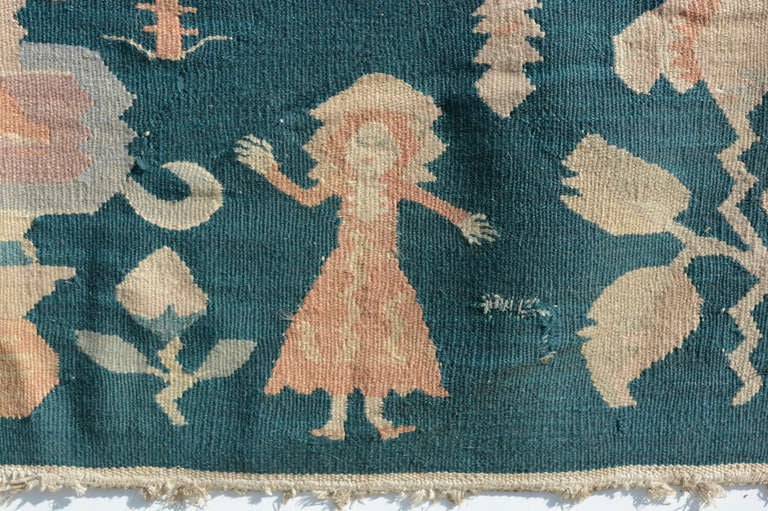 1950s Vintage Midcentury Lovely Wall Art Rug Modernist Tapestry in Vibrant Deep Sea Green and Beige Handwoven Cotton.
Warm color combination great graphics and proportional symmetry.
Attributed to the style of California Modern Craft Artists