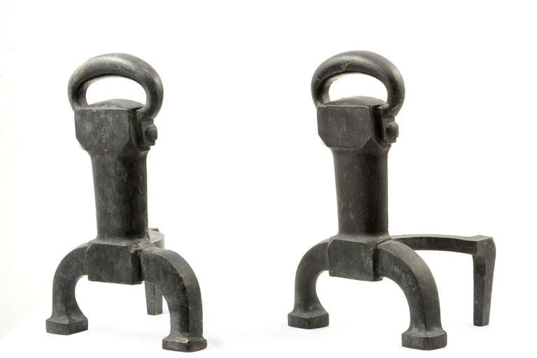 For your consideration a vintage pair of Mid-Century cast iron andirons made by Cahill model 830.