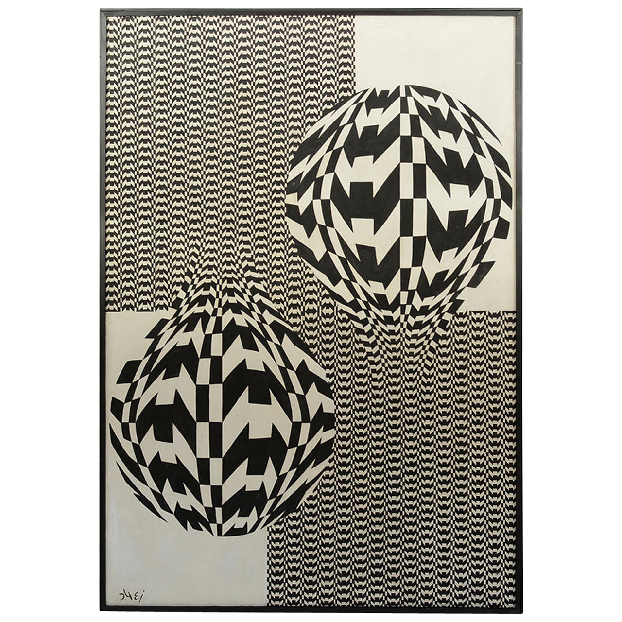 Black and White Op Art Oil on Canvas