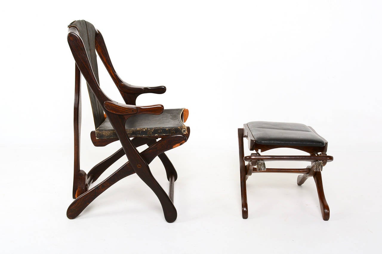 For your consideration a vintage Don Shoemaker chair with matching ottoman. 
Cocobolo rosewood and black leather. 

Made in Mexico circa the 1960s.

Rare folding chair with matching ottoman. 

Ottoman, 15