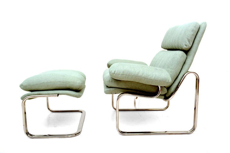 For your consideration, a mid century modern lounge chair with oversized arm rest and with matching ottoman. 

Sculptural frame has new nickel plate finish.

New upholstery in light mint green tones (cotton fabric).

No information on the
