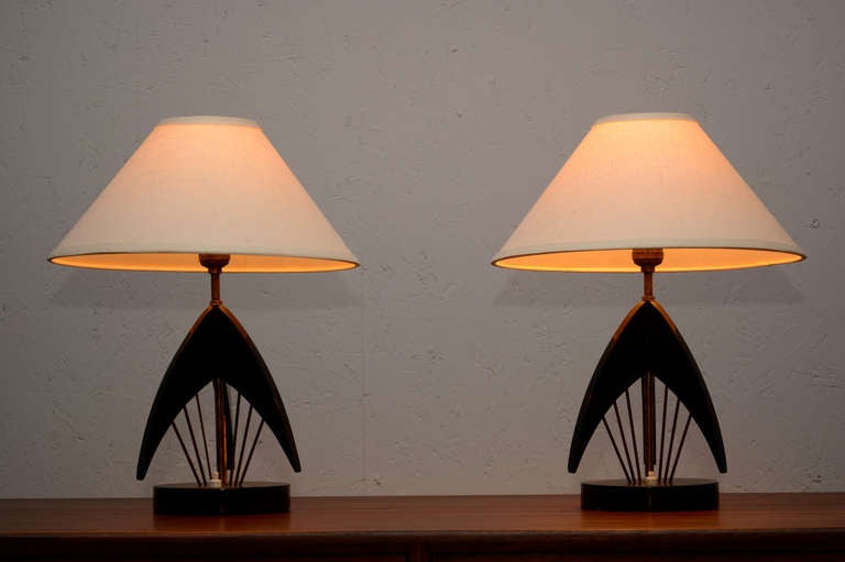 Unknown Sophisticated Atomic Table Lamps Black Mahogany Fine Brass Rods Style Raak 1950s