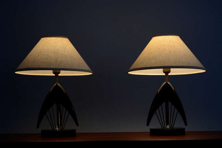Sophisticated Atomic Table Lamps Black Mahogany Fine Brass Rods Style Raak 1950s In Good Condition In Chula Vista, CA
