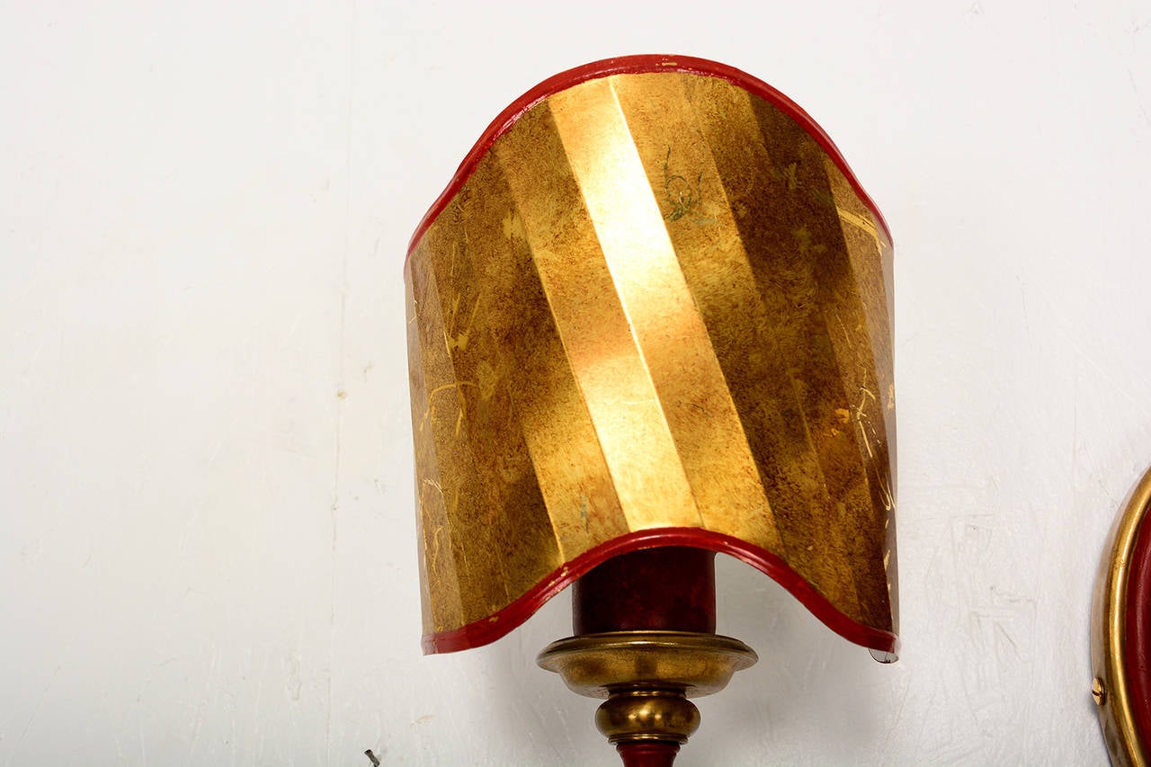 Beaux Arts Pair of Italian Wall Sconces with Brass Shield in the Ponti Style