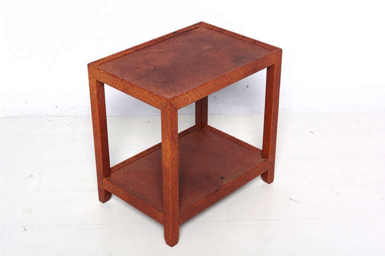 For your consideration a Karl Springer ostrich leather wrapped wood side table