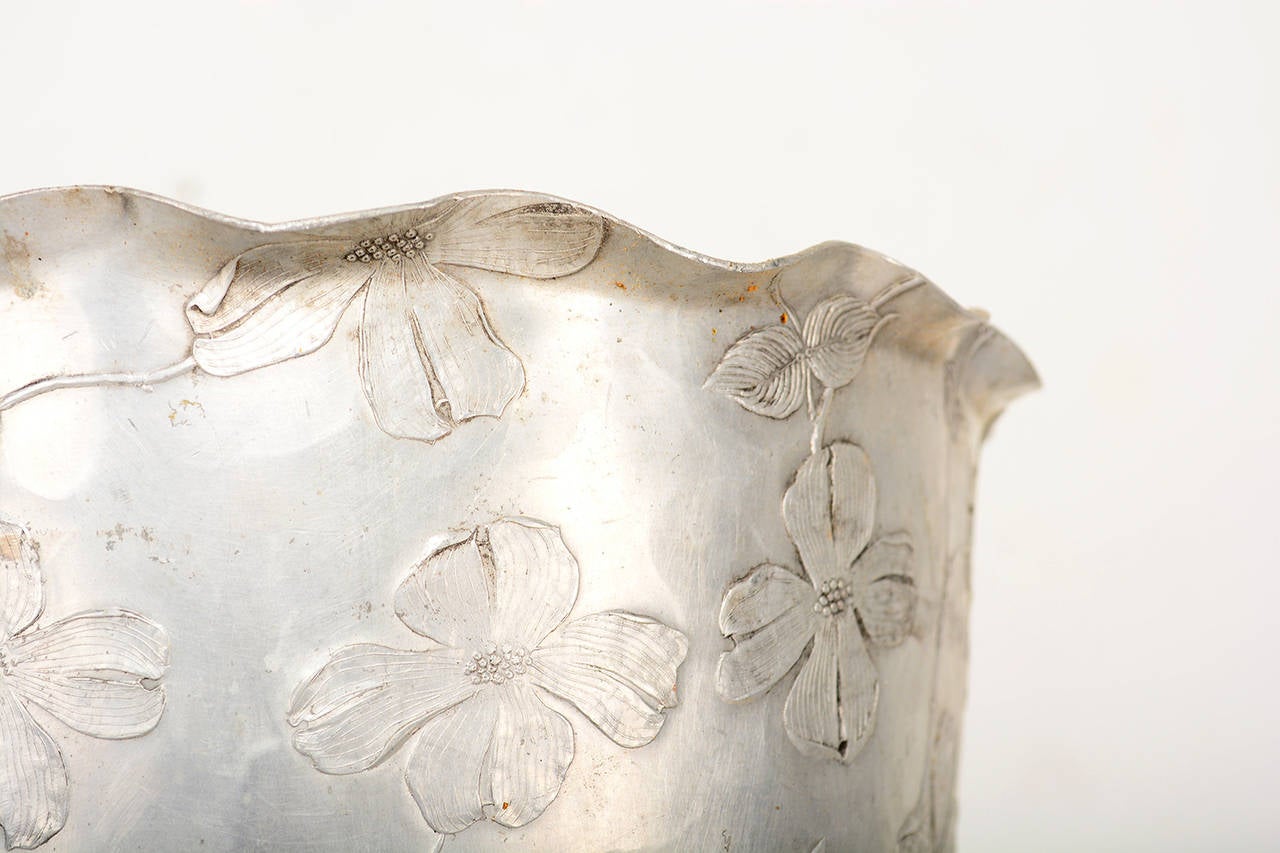 For your consideration a forge aluminum basket by Wendell August. 
Flower motif decoration.