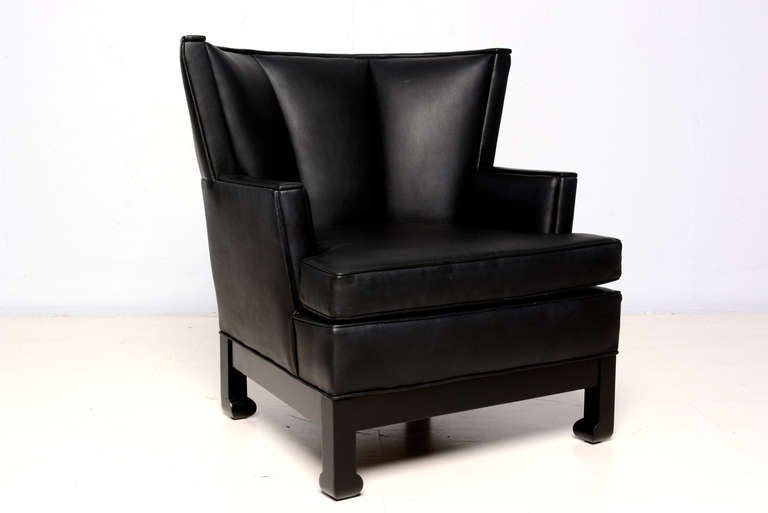 1960s James Mont Inspired Comfy Lounge Armchair Black Leather Wingback 4