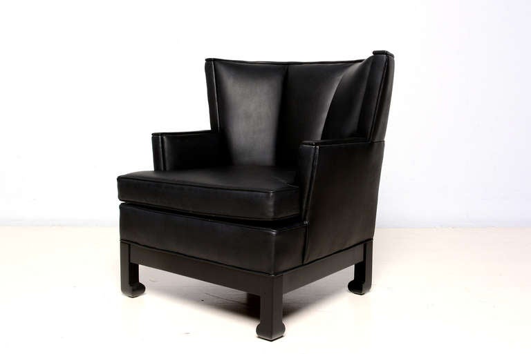 Mid-Century Modern 1960s James Mont Inspired Comfy Lounge Armchair Black Leather Wingback