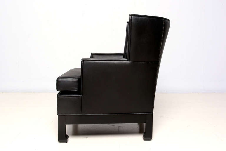 1960s James Mont Inspired Comfy Lounge Armchair Black Leather Wingback 3