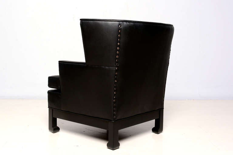 1960s James Mont Inspired Comfy Lounge Armchair Black Leather Wingback 2