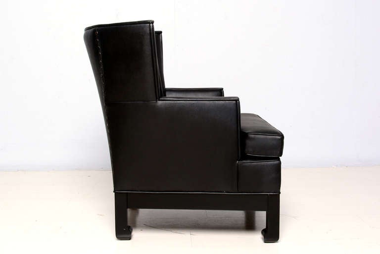 Mid-20th Century 1960s James Mont Inspired Comfy Lounge Armchair Black Leather Wingback