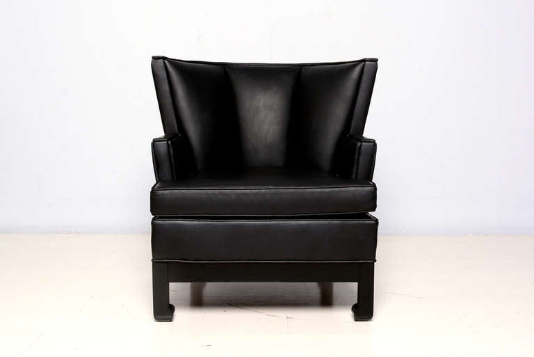 American 1960s James Mont Inspired Comfy Lounge Armchair Black Leather Wingback