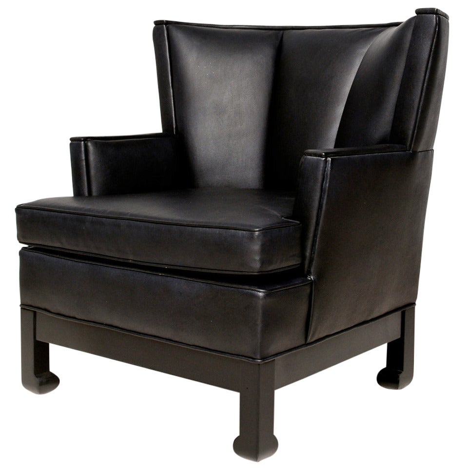 1960s James Mont inspired sensational armchair wingback lounge.
Black leather on black lacquered wood.
29 d x 32 w x 32 tall Seat h 16.25
Original preowned vintage unrestored condition.
Refer to images provided.