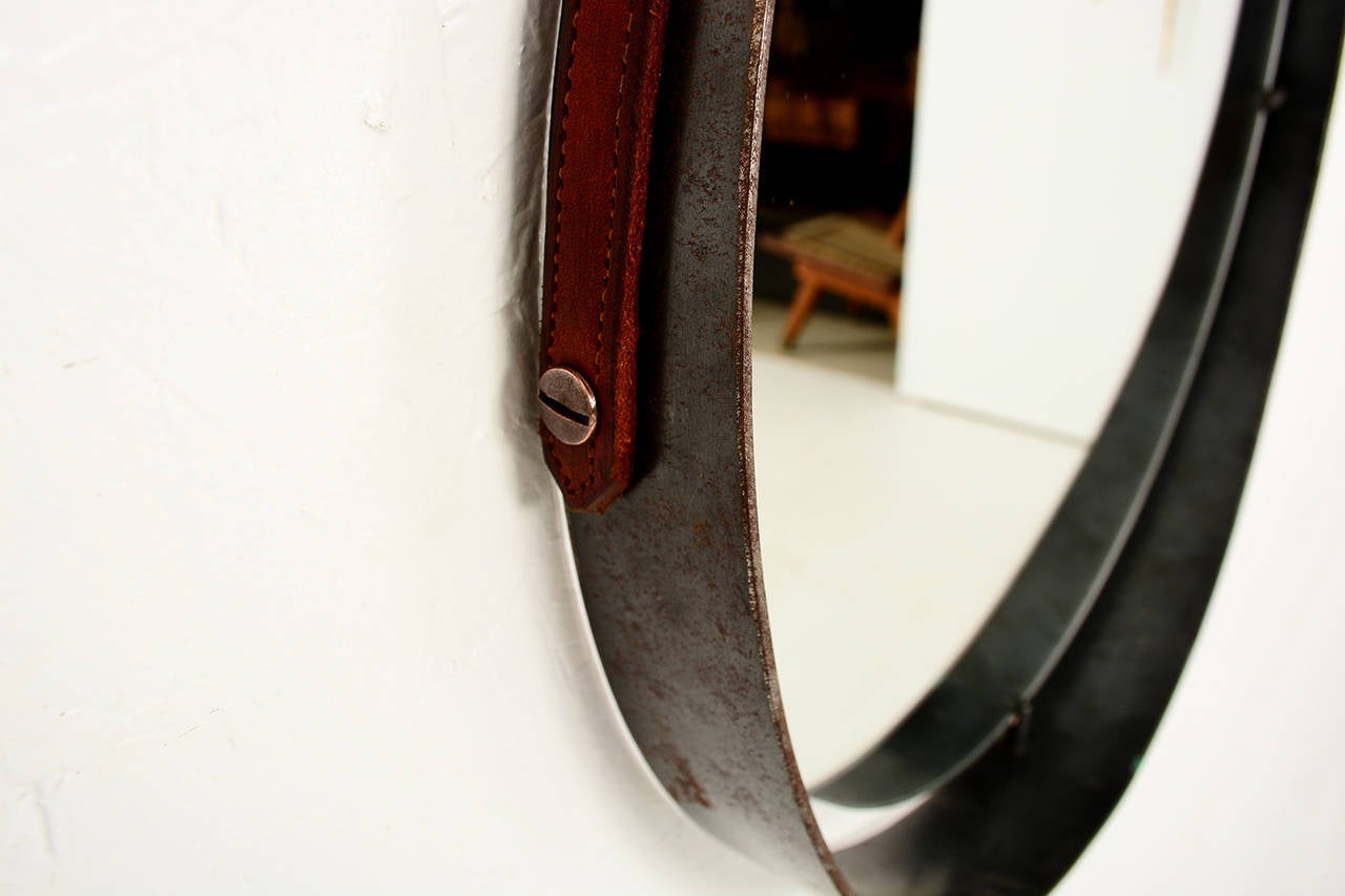 Mid-Century Modern Round Mirror with Leather Strap