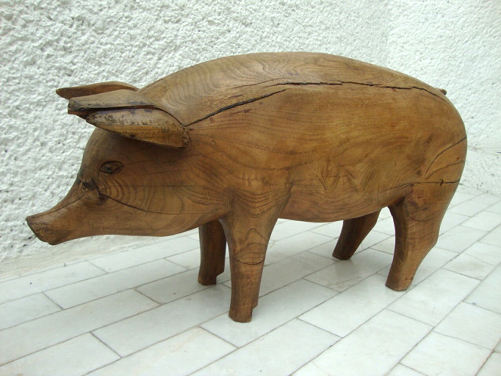 Arts and Crafts Pig Wood Sculpture Stool