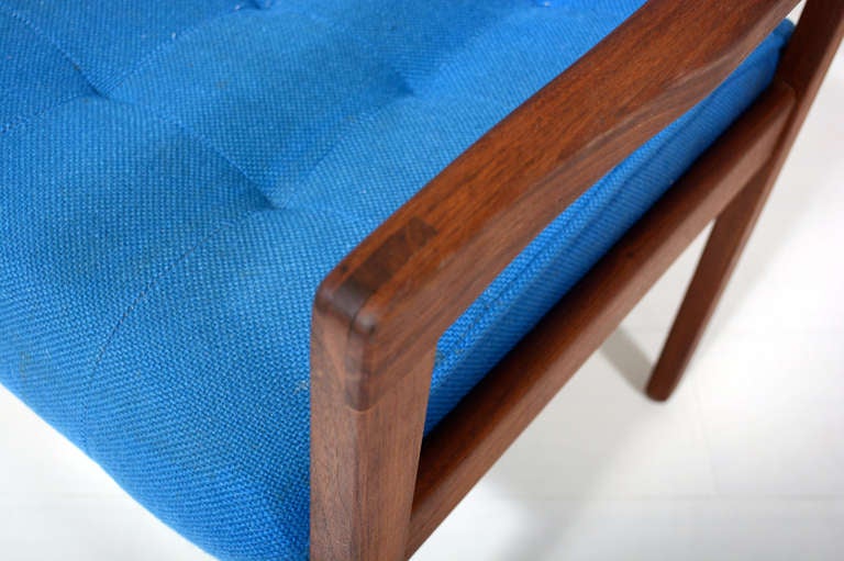 1950s Style Gerald McCabe Blue Office Armchair Sculptural Walnut Wood  In Good Condition In Chula Vista, CA