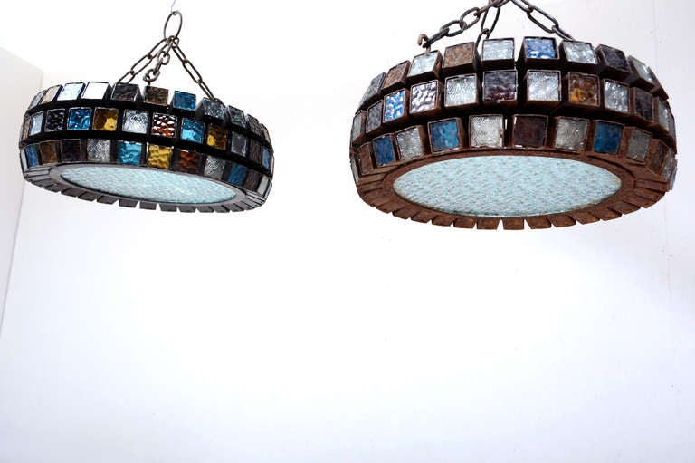 Mexican Pair Hanging Chandelier Colored Glass
