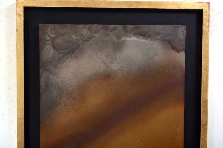Abstract patinated brass wall art by Raul Monje, Mexico, 1980.
Frame: 29 1/2