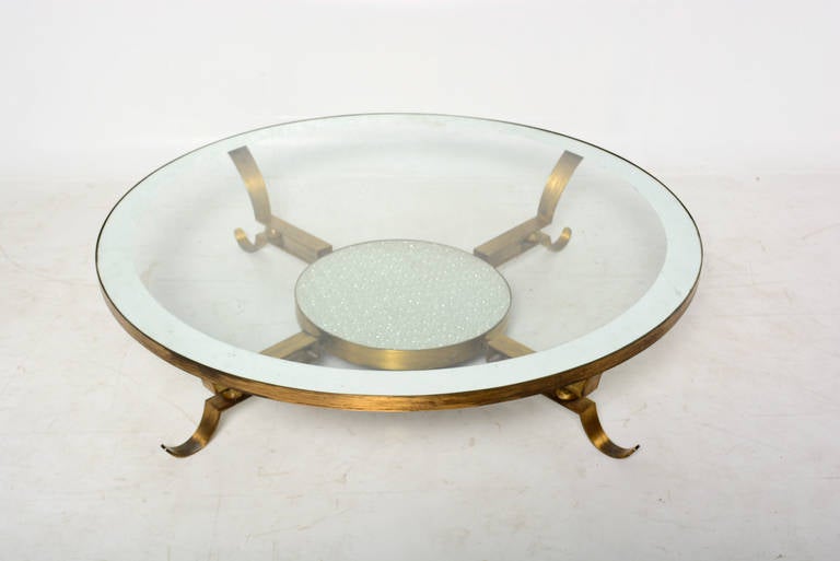 For your consideration a round cocktail or coffee table attributed to Arturo Pani.
Original vintage custom made glass. 
Beautiful unique design.