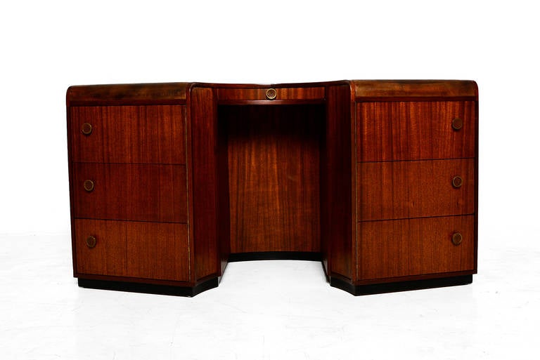 For your consideration a mahogany and leather desk designed by Edward Wormley for Dunbar. 

Unique demilune design. Great looking receiving desk with open storage shelves in the front.

Six large pull-out drawers (Top and middle measures 6 1/2