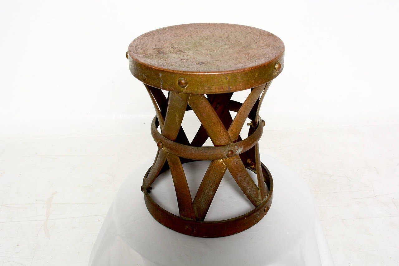 For your consideration a vintage brass stool. Hand hammered with great vintage patina. It could be polished if desired. 

It can serve as stool or side table. 
Firm and sturdy.
Stamped : 