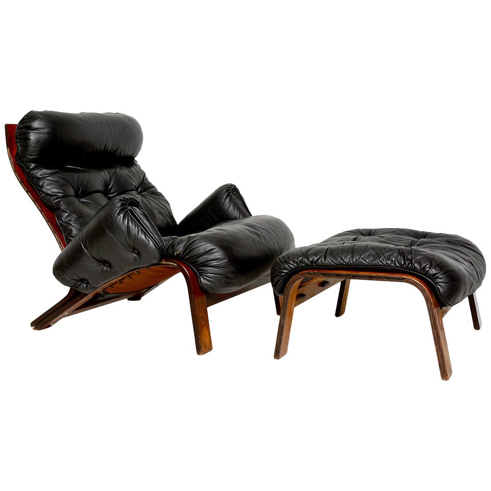 Scandinavian Lounge Chair and Ottoman in Rosewood and Black Leather