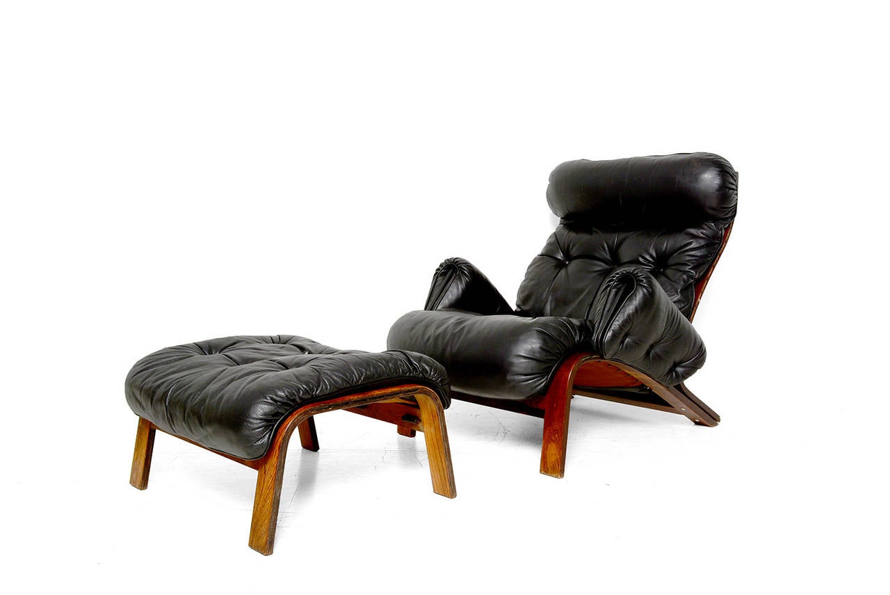 Unknown Scandinavian Lounge Chair and Ottoman in Rosewood and Black Leather