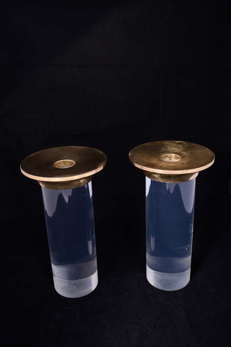 Pair of Karl Springer lucite & brass candle holders.