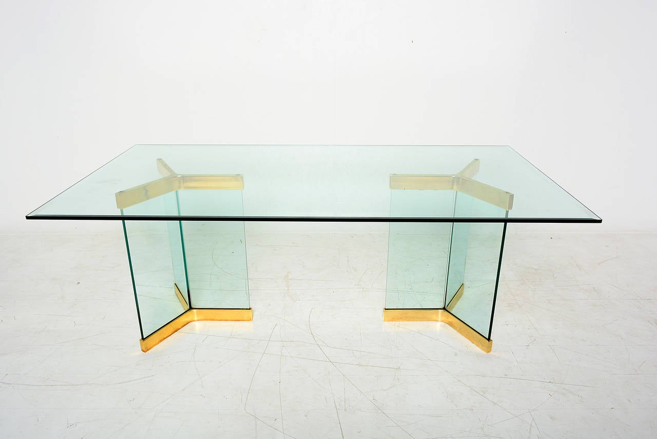 Late 20th Century Glass and Brass Dining Table  Leon Rosen for PACE