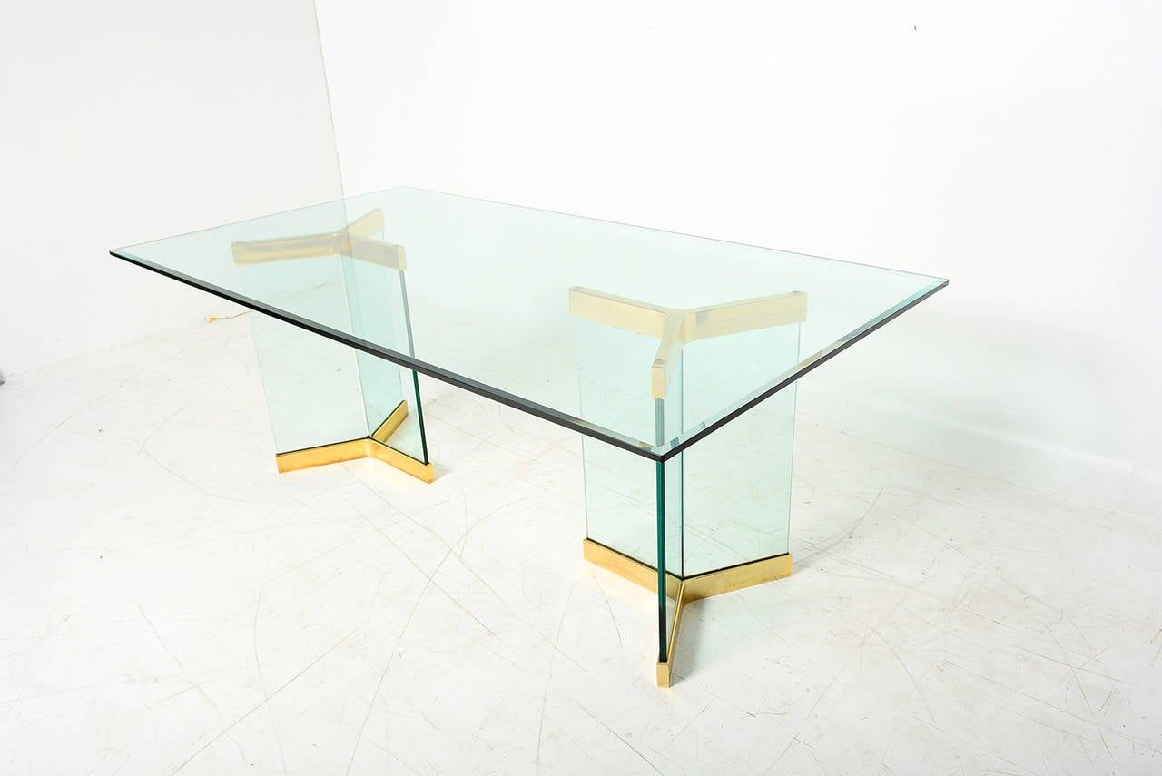 Glass and Brass Dining Table  Leon Rosen for PACE 1