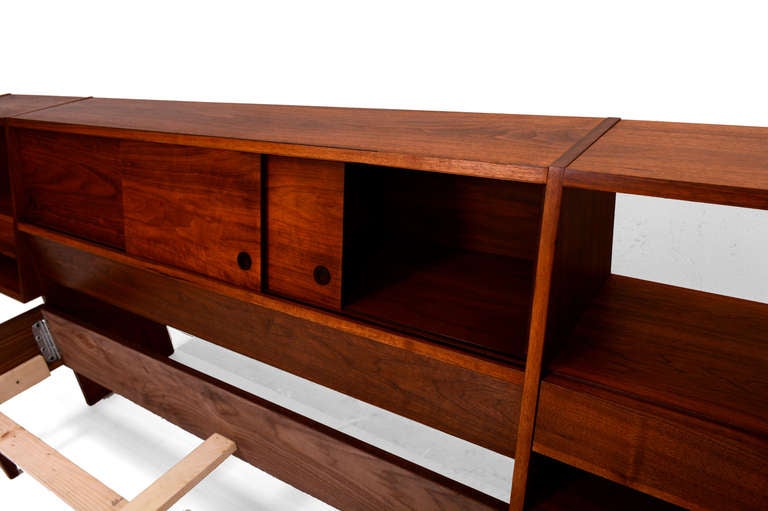 Mid-20th Century Full Size Platform Bed with Floating Nightstands Walnut Wood.