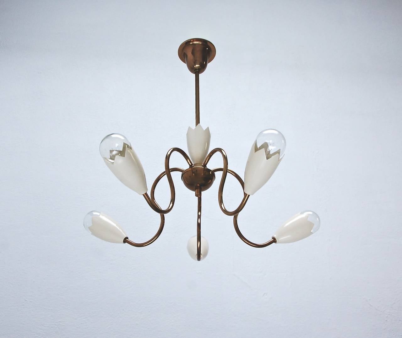 Beautiful Classic 5 light Italian petite chandelier by Arredoluce. Candelabra based sockets, rewired for us in the US.