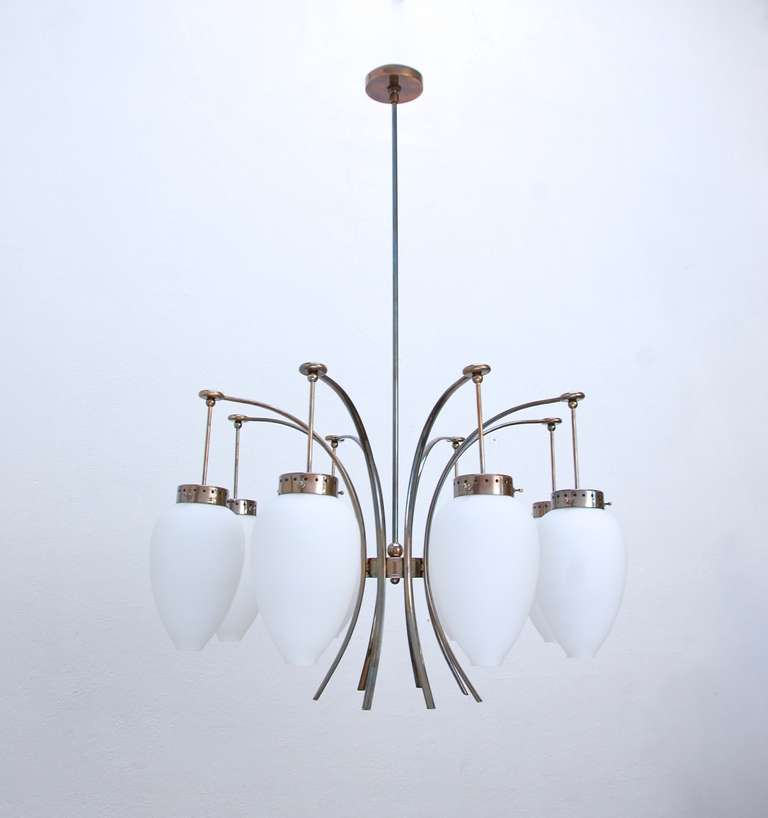 Dramatic eight-arm bronze Italian chandelier, with handblown opaque glass shades.

 Current drop: 40