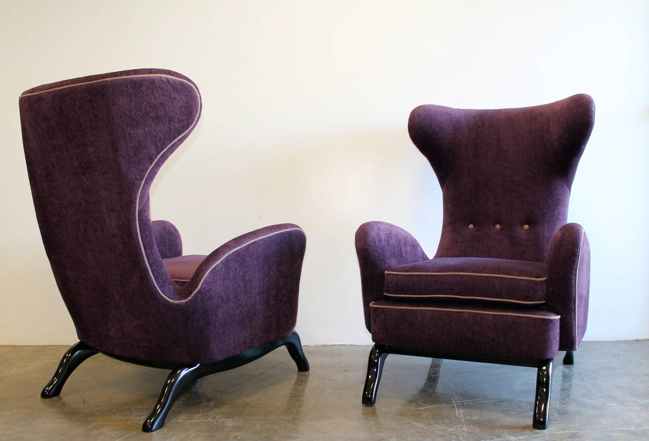 Chenille Pair of 1950s Italian Sculptural Wingback Chairs