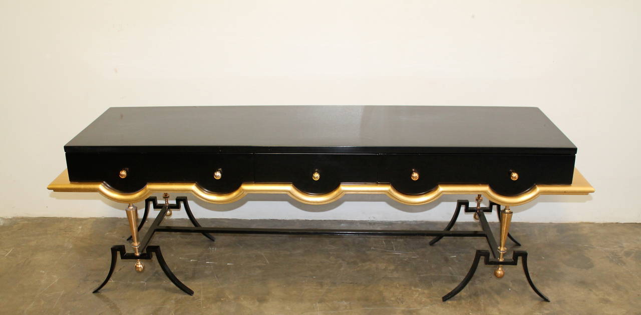 Black Lacquer and Gold Leaf Console by Arturo Pani in the Style of Jean Royère For Sale 1