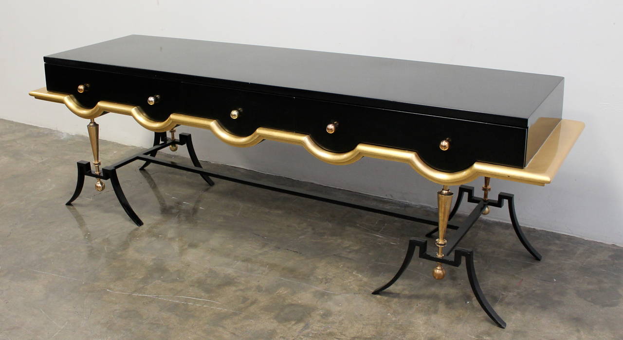 Mid-Century Modern Black Lacquer and Gold Leaf Console by Arturo Pani in the Style of Jean Royère For Sale