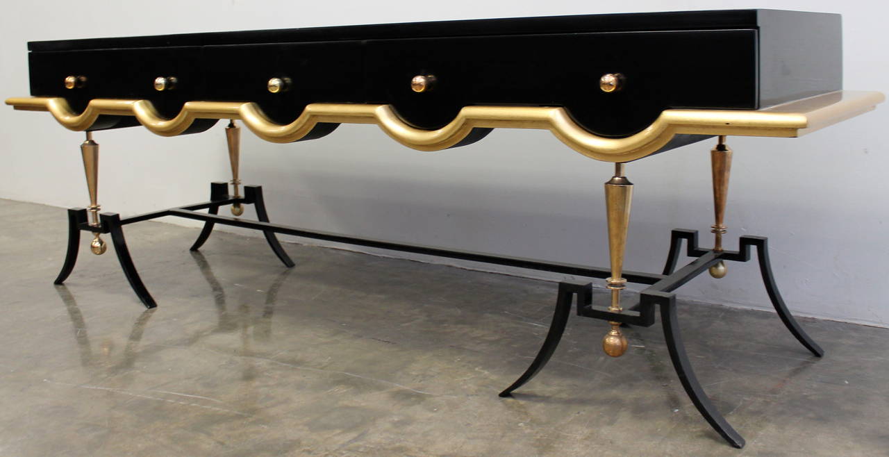 Black Lacquer and Gold Leaf Console by Arturo Pani in the Style of Jean Royère For Sale 2