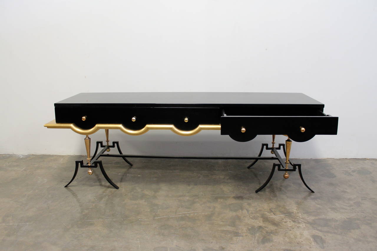 Mexican Black Lacquer and Gold Leaf Console by Arturo Pani in the Style of Jean Royère For Sale