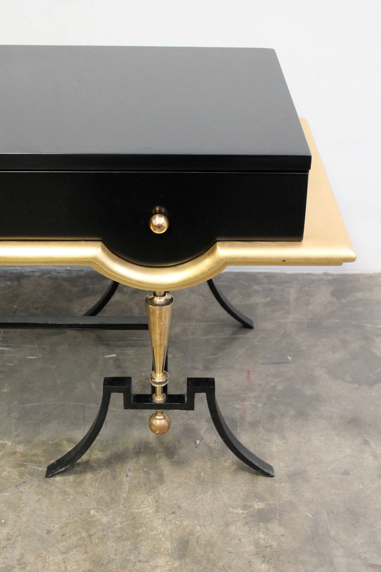 Brass Black Lacquer and Gold Leaf Console by Arturo Pani in the Style of Jean Royère For Sale