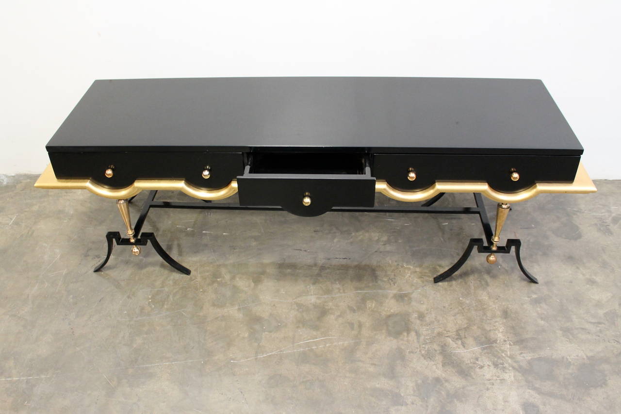 Black Lacquer and Gold Leaf Console by Arturo Pani in the Style of Jean Royère In Good Condition For Sale In San Diego, CA