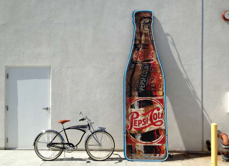 Giant and very Rare 1950's Monumental Pepsi Cola Bottle 11.6Ft tall POP ART Advertising Neon Sign. Fantastic vintage condition . Sign is attached to a wooden backside and outlined in blue neon lighting. 
Impressive!