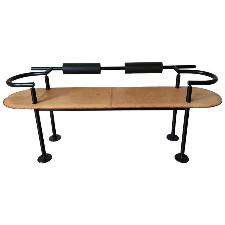 Ettore Sottsass Sculptural Leather and Steel Post Modern Bench For Sale
