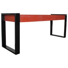Black and Blood Orange Textured Lacquered Console with Serving Drawers