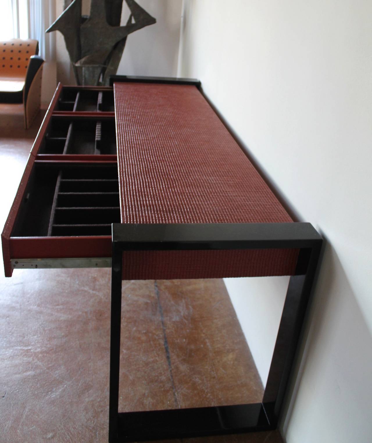 Mid-Century Modern Black and Blood Orange Textured Lacquered Console with Serving Drawers For Sale